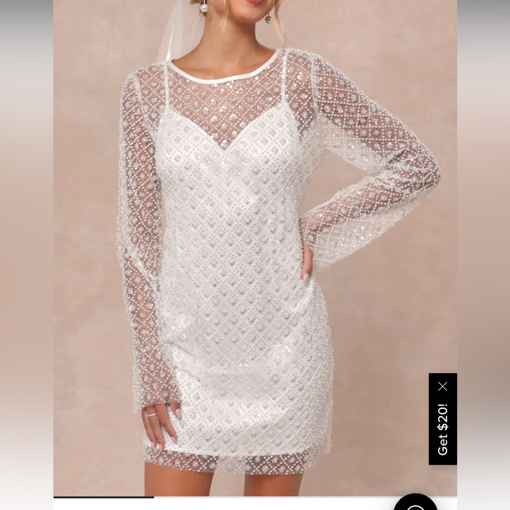 Glowing Charisma White Sequin Pearl Mesh
Long Sleeve Mini Dress